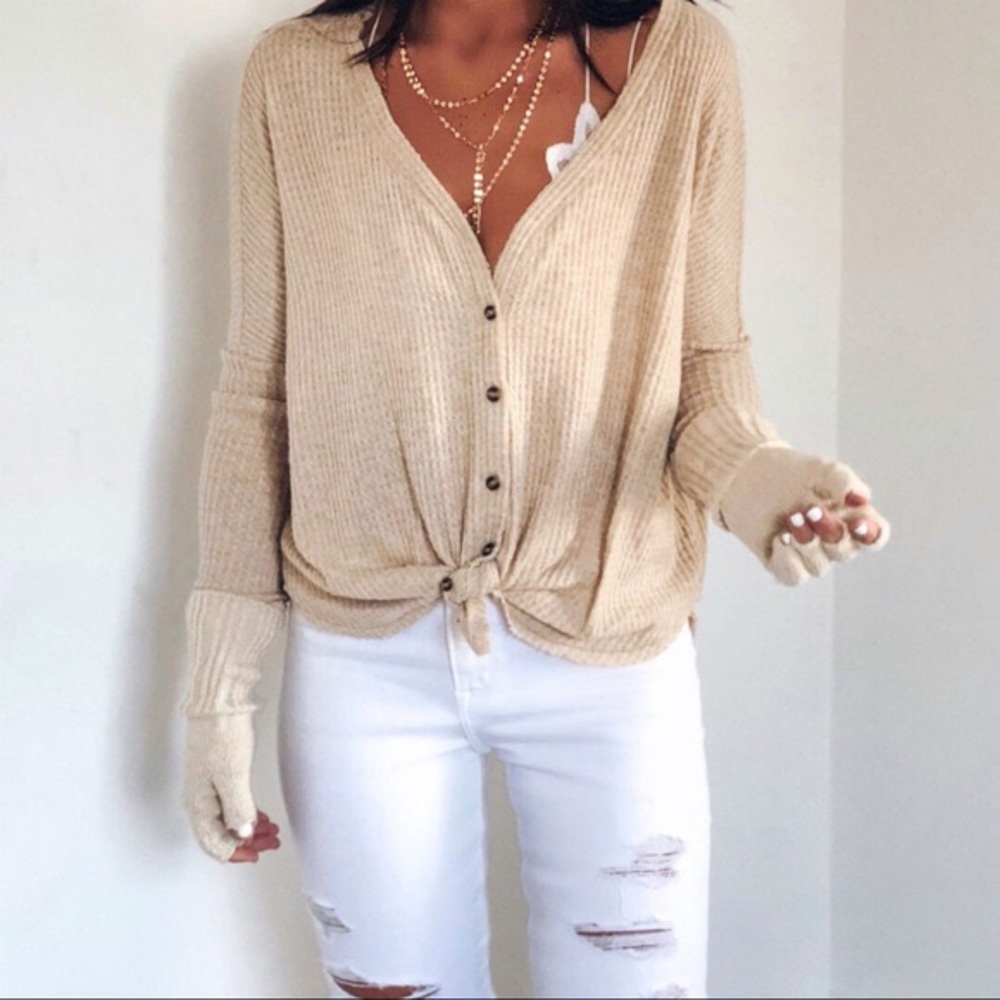 Beige Urban Outfitters Waffle Print Button Up